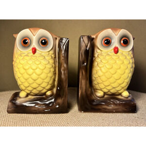 Vintage 1960's Hand Painted Owl Ceramic Bookends Made in Japan